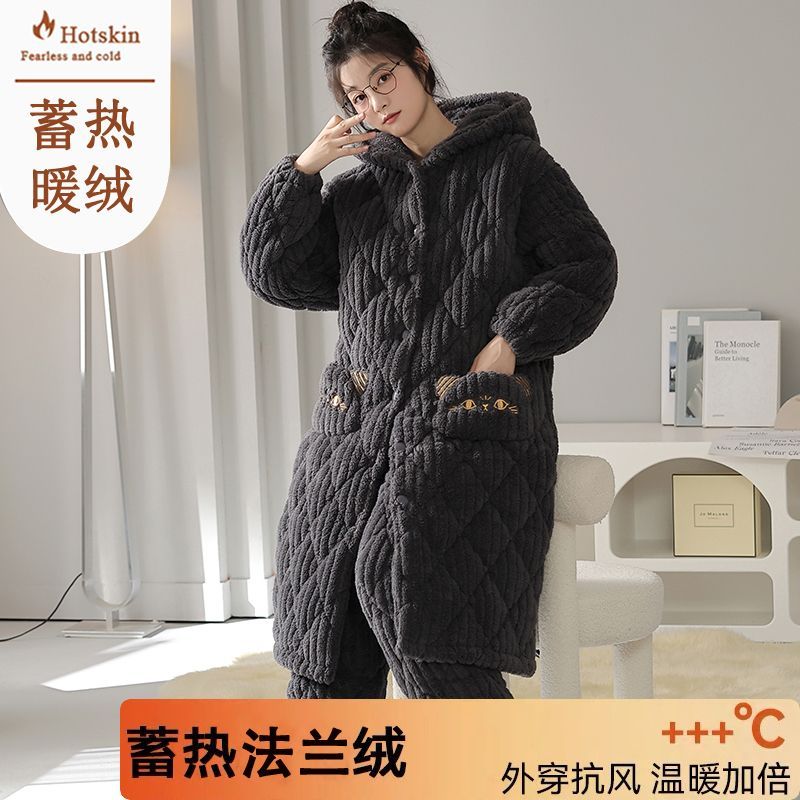 法蘭絨三層夾棉睡衣秋冬季女士加厚保暖絨套裝珊瑚絨家居服可外穿