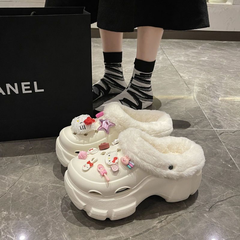 加絨洞洞鞋女外穿2023秋冬新款可愛軟萌保暖增高小個子包頭棉拖鞋