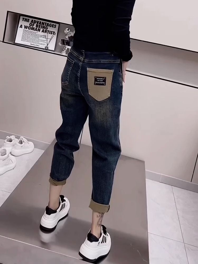 梨形身材卷邊哈倫牛仔褲女2023年秋冬新款高腰寬鬆顯瘦九分老爹褲
