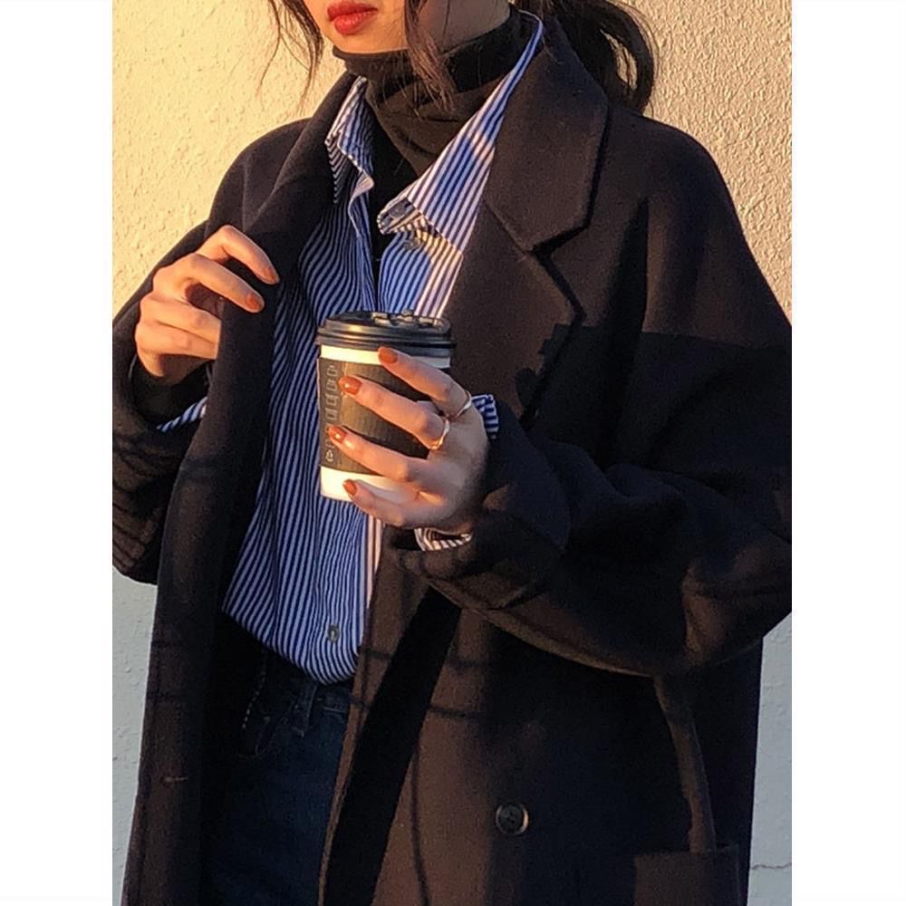 格瑞吉奧藍色條紋襯衫女設計感小眾秋冬加絨寬鬆復古長袖襯衣疊穿