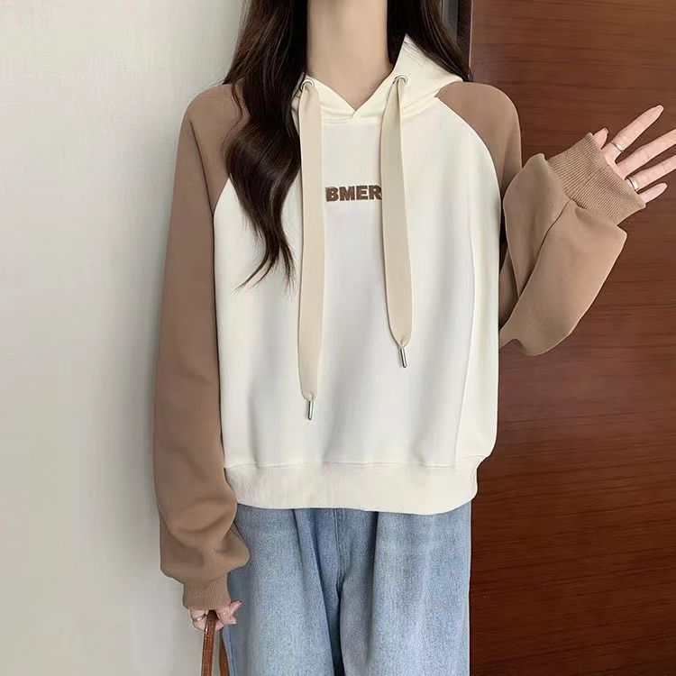 日系學院風插肩連帽短款衛衣女春秋薄款寬鬆百搭甜美長袖上衣ins