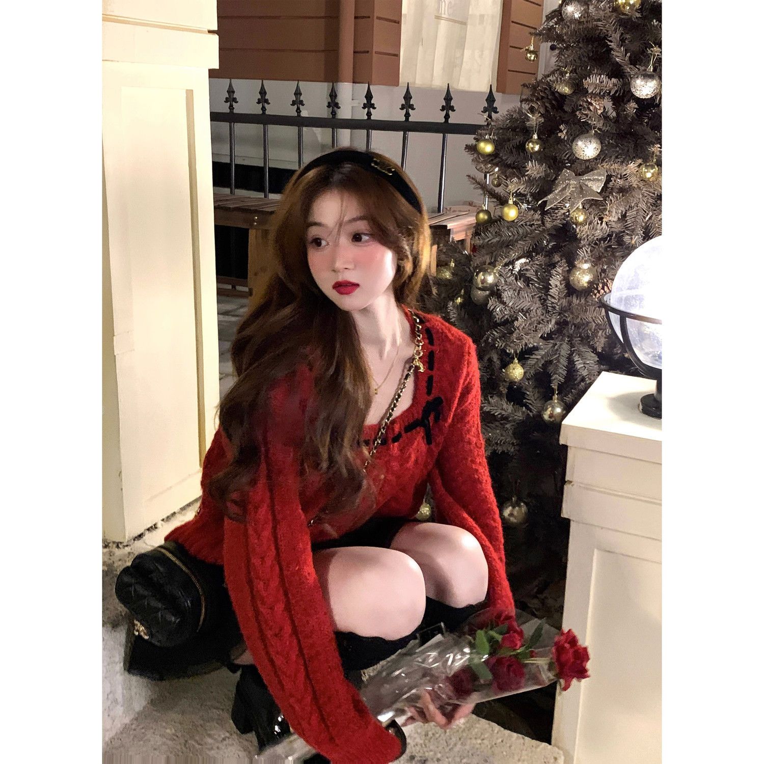 XJ家情人節紅色編織麻花紅色毛衣新年2023新款女方領秋冬女