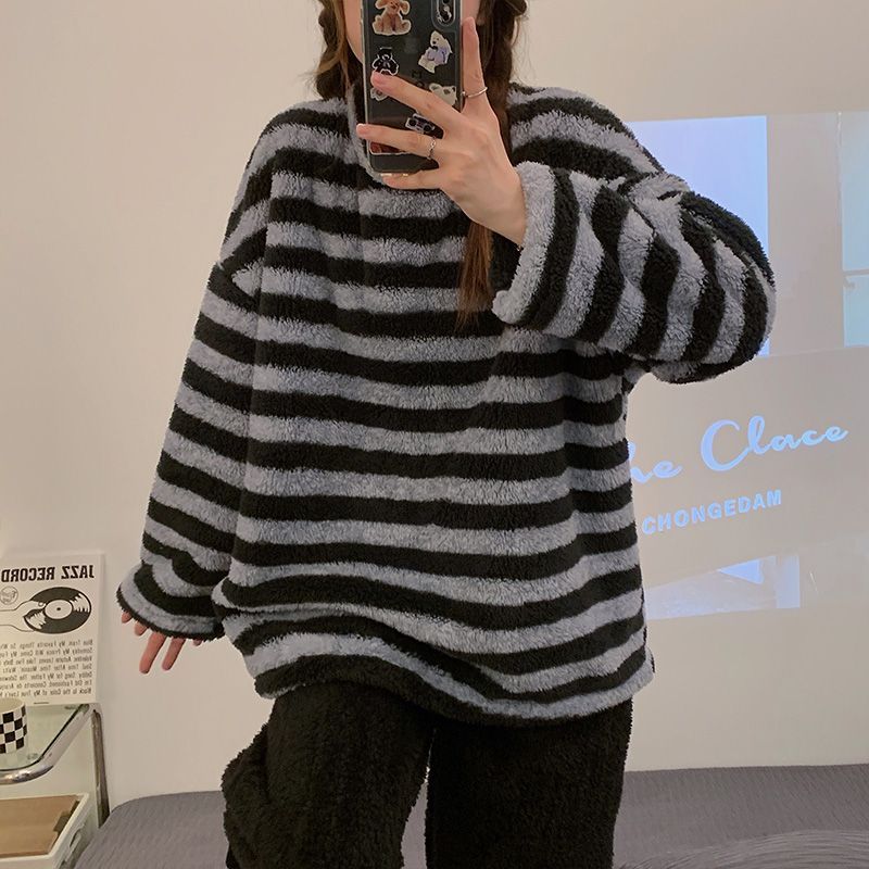 日系條紋珊瑚絨睡衣女秋冬季軟綿綿加絨加厚法蘭絨冬日家居服套裝