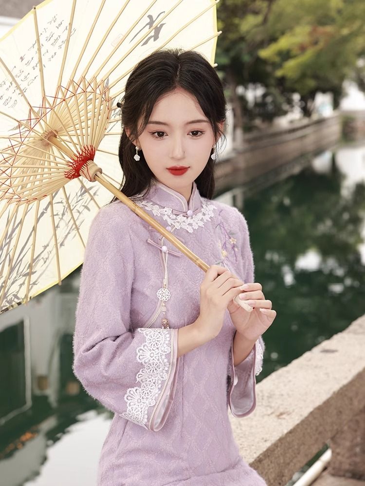 蘇州旗袍2023年新款年輕款長袖復古改良紫色倒大袖連衣裙女秋冬季