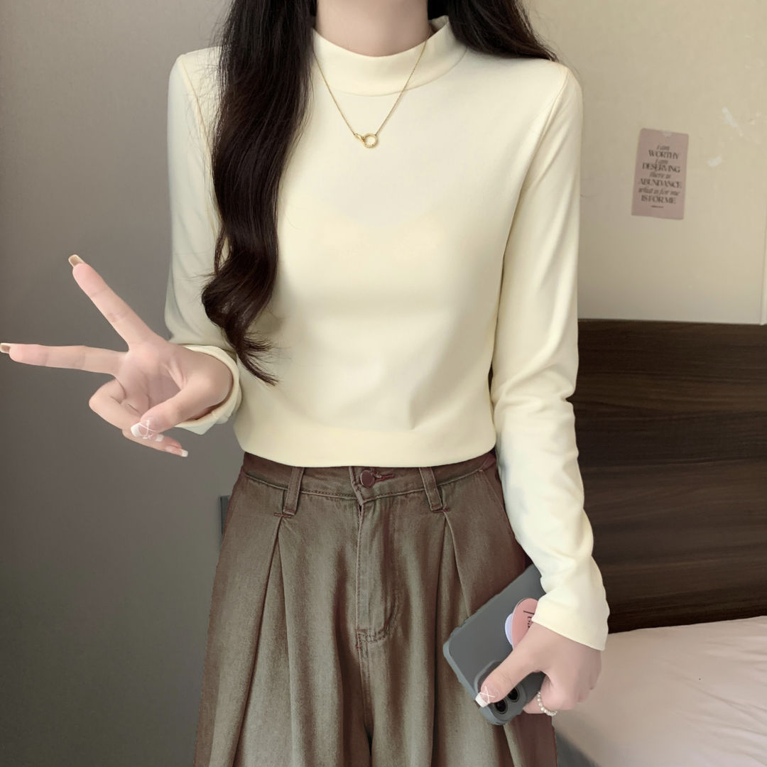 2023新款雙面磨毛絨打底衫女百搭內搭長袖上衣正肩顯瘦2023秋冬女