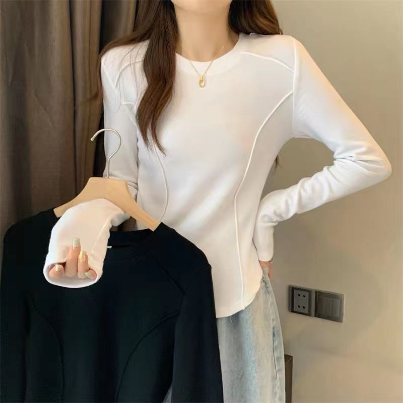 【寶藏衣櫥】長袖T恤修身正肩女純色春秋內外搭圓領打底小衫長袖