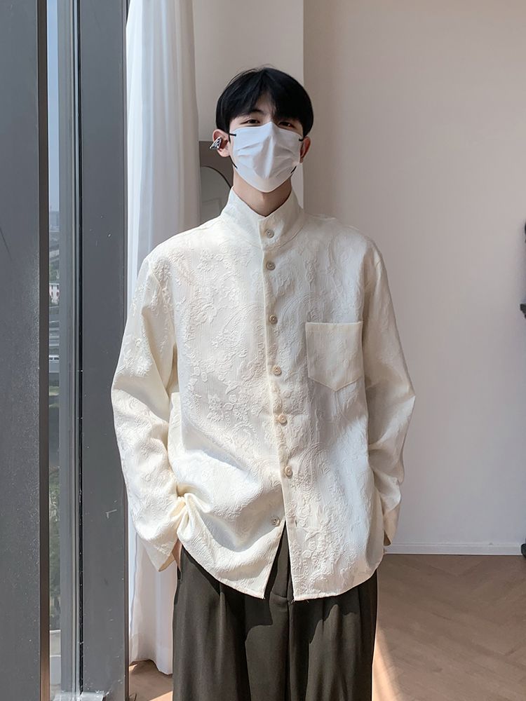 秋季新中式男女提花立領襯衫休閒寬鬆百搭小眾設計感長袖襯衣ins