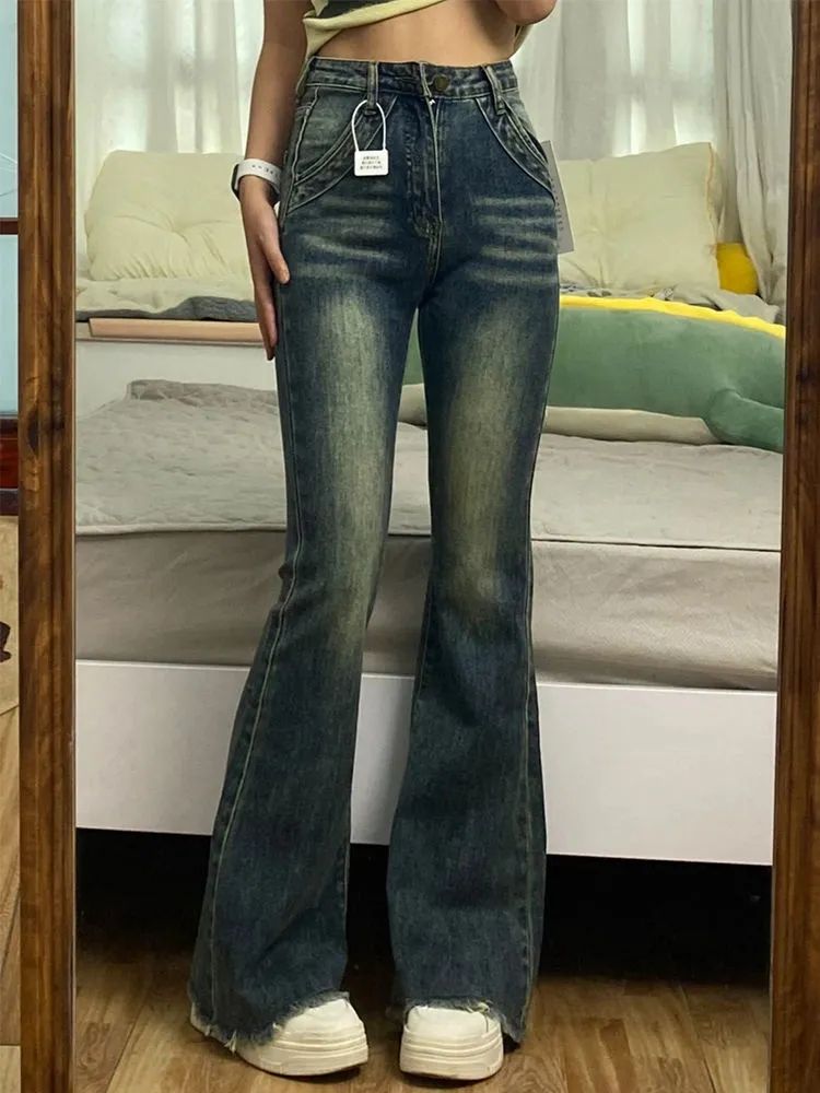 水洗復古微喇叭牛仔褲女秋季新款高腰辣妹顯瘦毛邊直筒拖地褲子潮