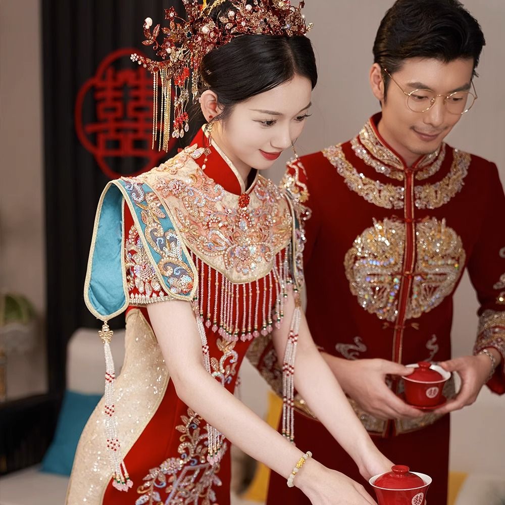 新中式優雅旗袍敬酒服刺繡2023新款高端結婚訂婚出閣服小個子回門