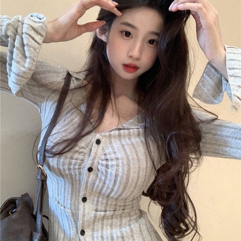復古上衣高級感設計感polo領長袖針織衫打底內搭秋冬修身毛衣開衫