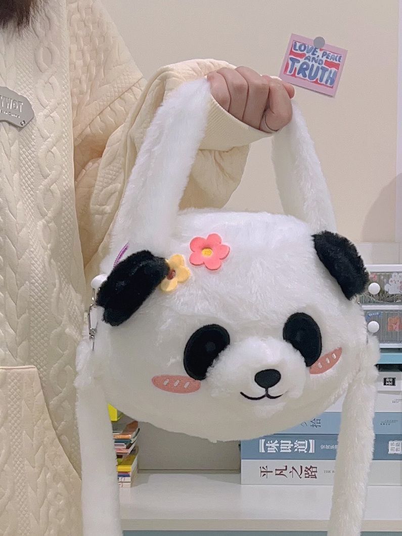 Soft cute flowery panda crossbody bag cute plush cartoon bamboo panda Japanese style ins girl heart jk lolita