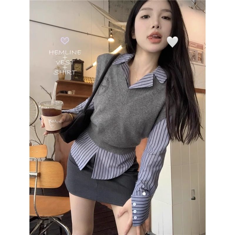 學院風套裝長袖條紋襯衫女針織毛衣馬甲背心秋冬季新款打底兩件套