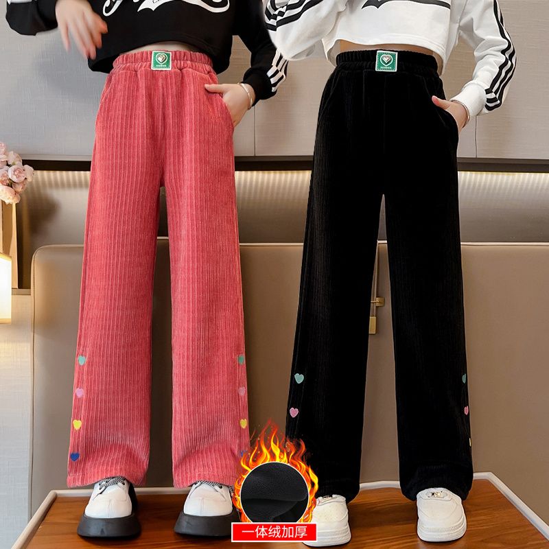 女童加絨褲子秋冬外穿洋氣女孩大童冬裝一體絨加厚休閒兒童闊腿褲