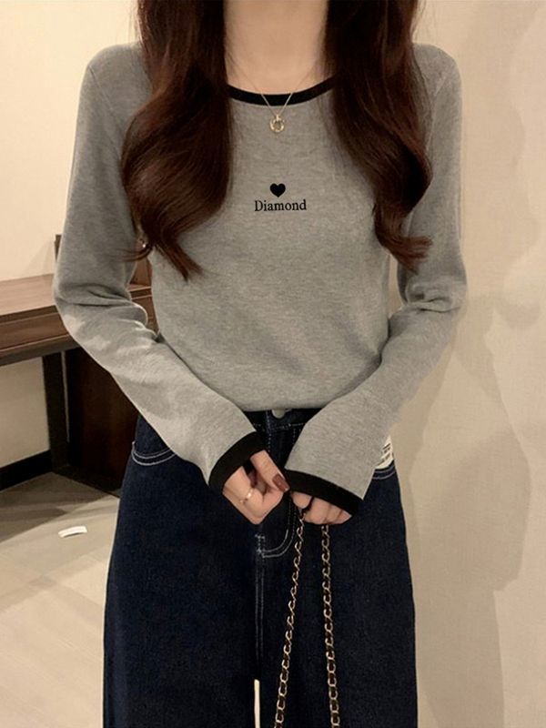 拼接撞色打底衫女修身內搭圓領設計感小眾長袖T恤加厚上衣春秋冬