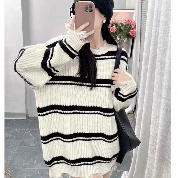 歐洲站厚圓領條紋毛衣女中長款寬鬆慵懶風氛圍感破邊學院風上衣女