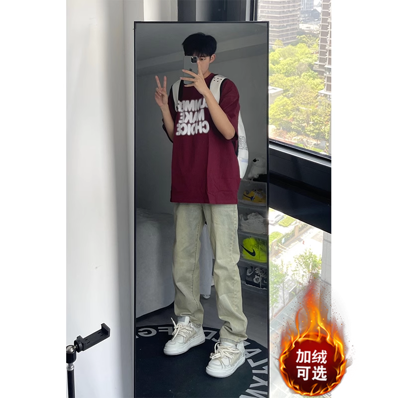 美式復古黃泥牛仔褲潮牌男秋季加厚直筒褲子高街修身微喇休閒長褲