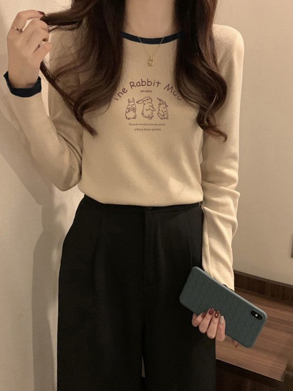 美式復古正肩長袖T恤女秋冬裝修身設計感打底衫圓領加厚短款上衣