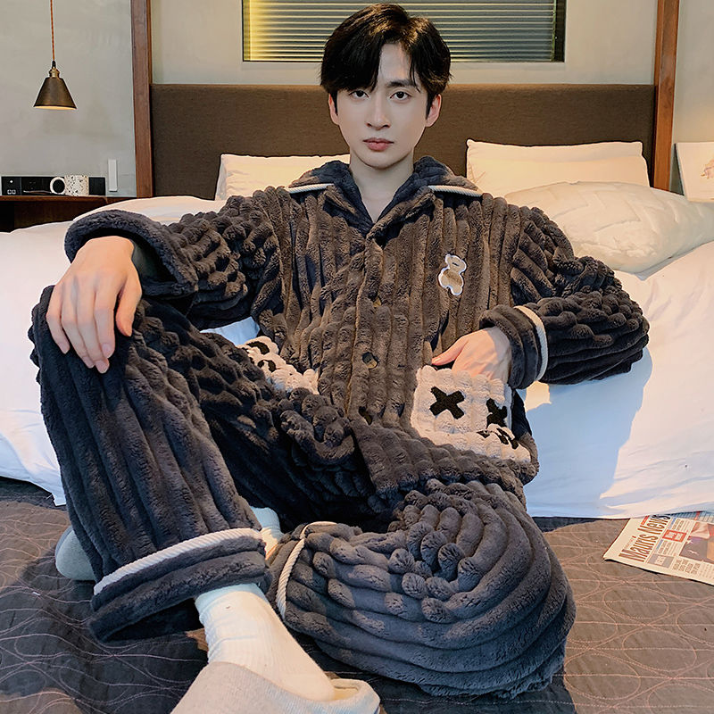 珊瑚絨男士睡衣秋冬季加絨加厚新款青少年秋冬天法蘭絨家居服套裝