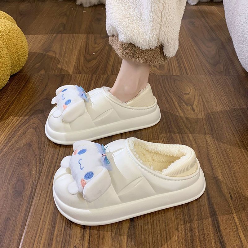 Cinnamon dog cotton slippers for women winter waterproof bag heel thick sole outer wear cute plush warm postpartum bread cotton shoes