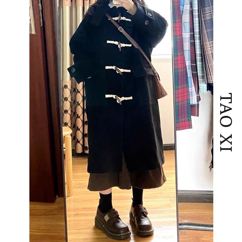 黑色牛角扣呢子大衣女秋冬季2023新款小個子高級感赫本風毛呢外套