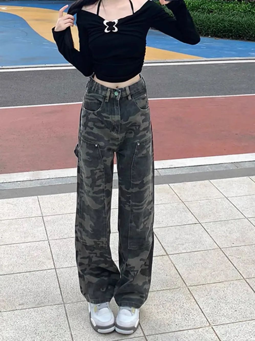 歐美高街vibe風迷彩褲子女hiphop街頭嘻哈寬鬆闊腿牛仔褲女ins潮