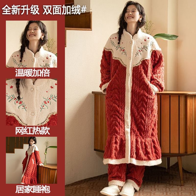 珊瑚绒睡衣女冬季新款加厚睡袍中长款大码女士套装大红色家居服冬