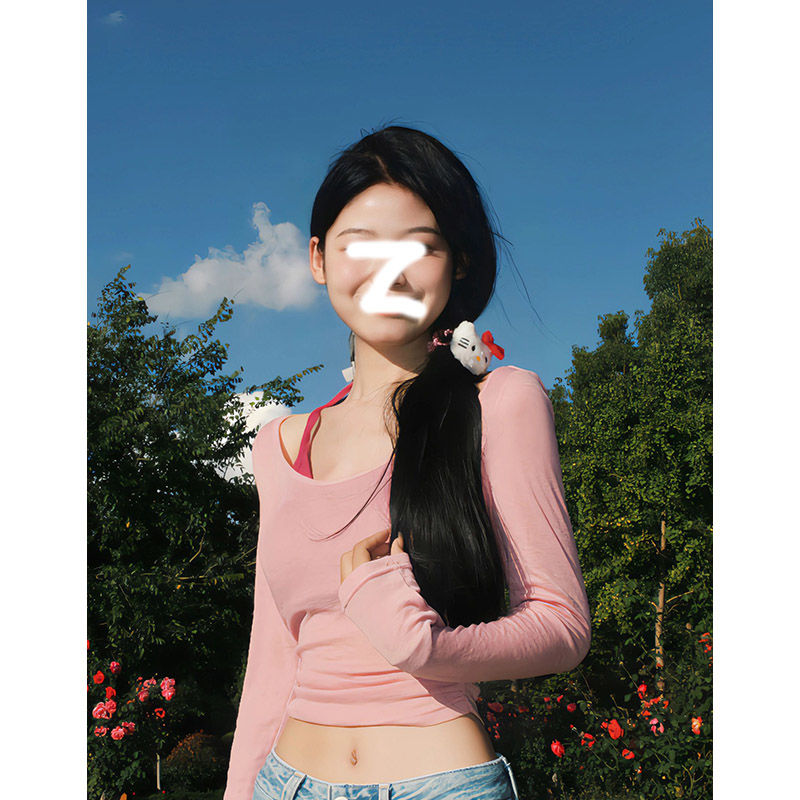 粉色假兩件長袖掛脖T恤女早秋款露肩設計感體恤修身短款辣妹上衣