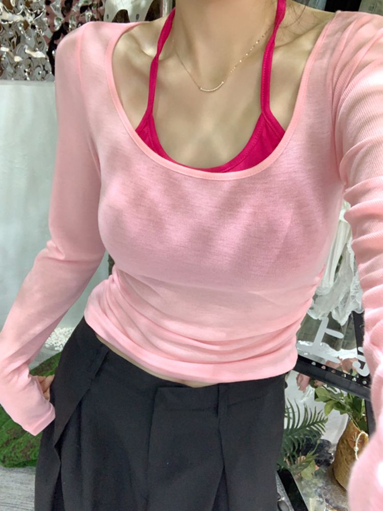 美拉德秋季新款修身顯瘦假兩件純欲長袖上衣撞色薄款辣妹百搭T恤