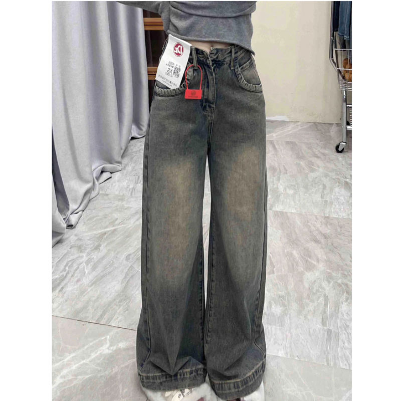 辣妹復古做舊寬鬆直筒牛仔褲女秋季小個子高腰顯瘦垂感闊腿長褲潮