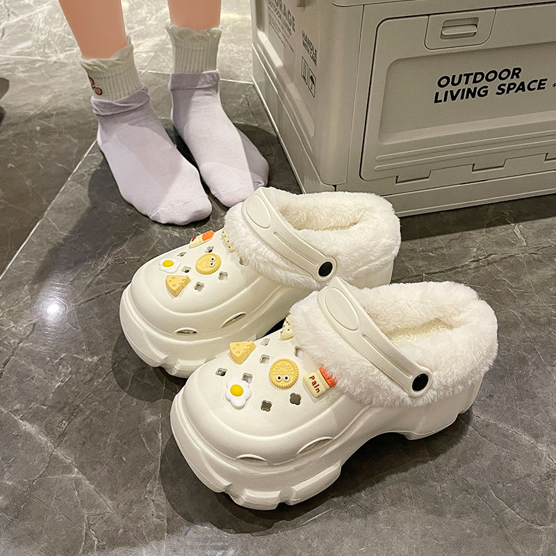 加絨洞洞鞋女外穿冬季2023新款厚底增高保暖可拆卸毛絨棉拖鞋冬天