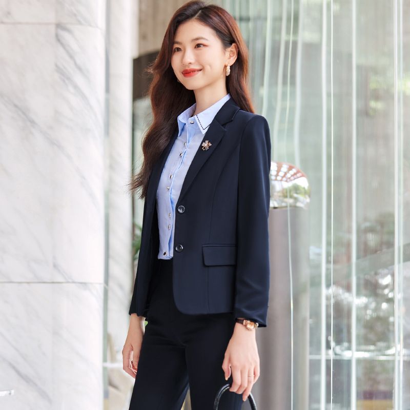 Navy blue blazer, feminine, slim, short, spring and autumn professional attire, interview formal suit, work clothes