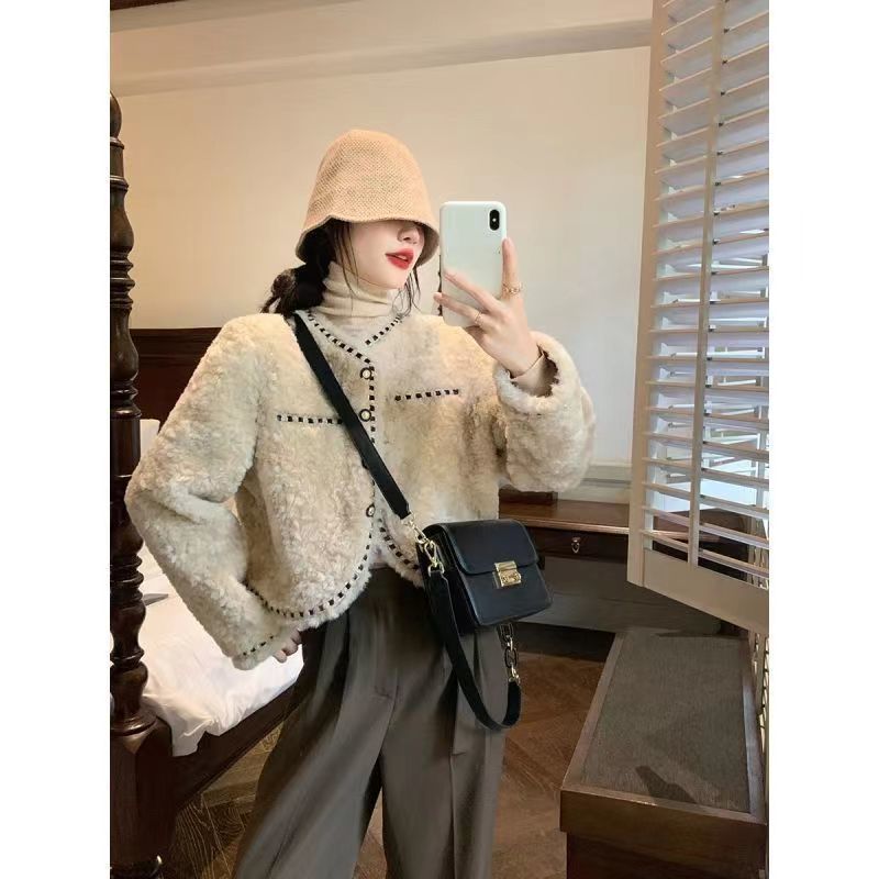 小香風羊羔絨毛毛外套女冬季加厚寬鬆百搭高級感氣質名媛短款上衣