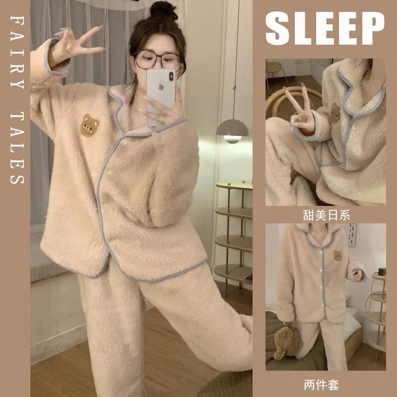 網紅卡通小熊珊瑚絨加厚睡衣女秋冬季寬鬆開衫長袖套裝外穿家居服
