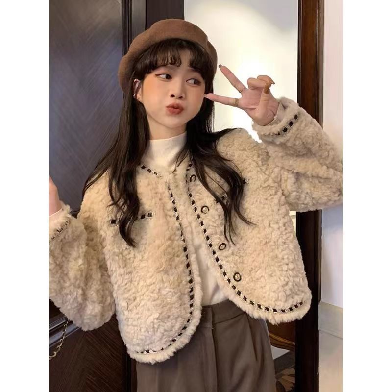 小香風羊羔絨毛毛外套女冬季加厚寬鬆百搭高級感氣質名媛短款上衣