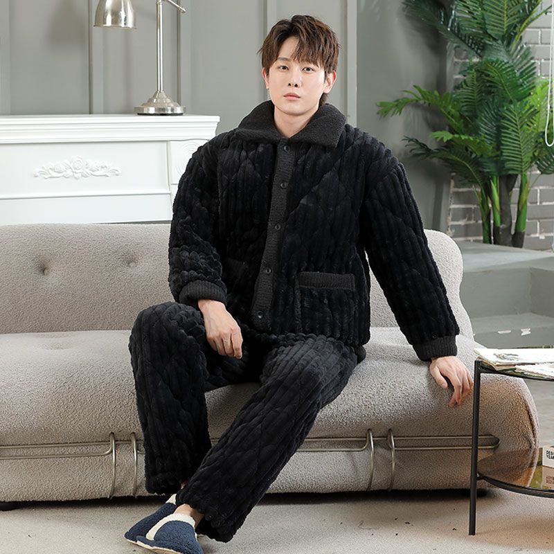 加絨睡衣男士冬季珊瑚絨加厚保暖大碼寬鬆三層夾棉家居服兩件套裝