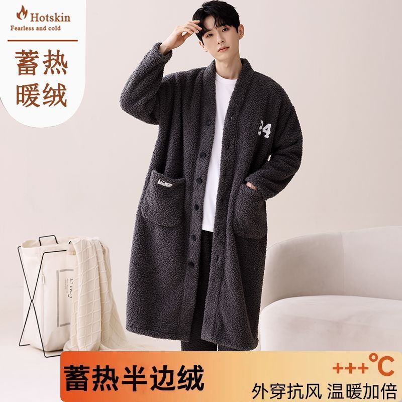 秋冬季男士睡袍半邊絨保暖珊瑚絨睡衣套裝冬天法蘭絨家居服可外穿