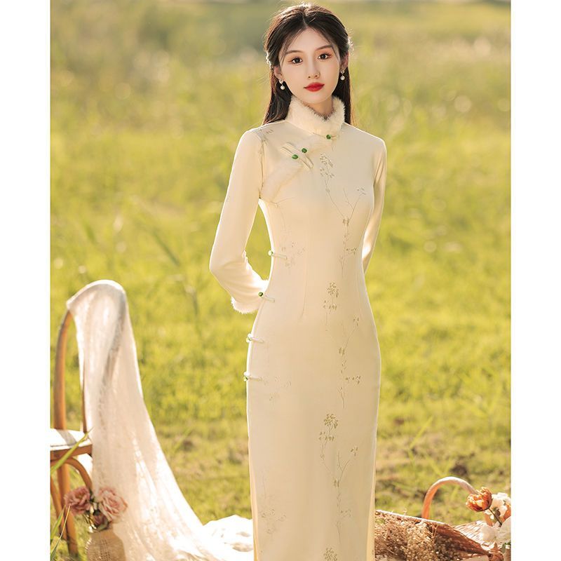 冬季旗袍2023年新款加絨加厚冬裝茶服新中式茶藝師服長款連衣裙女