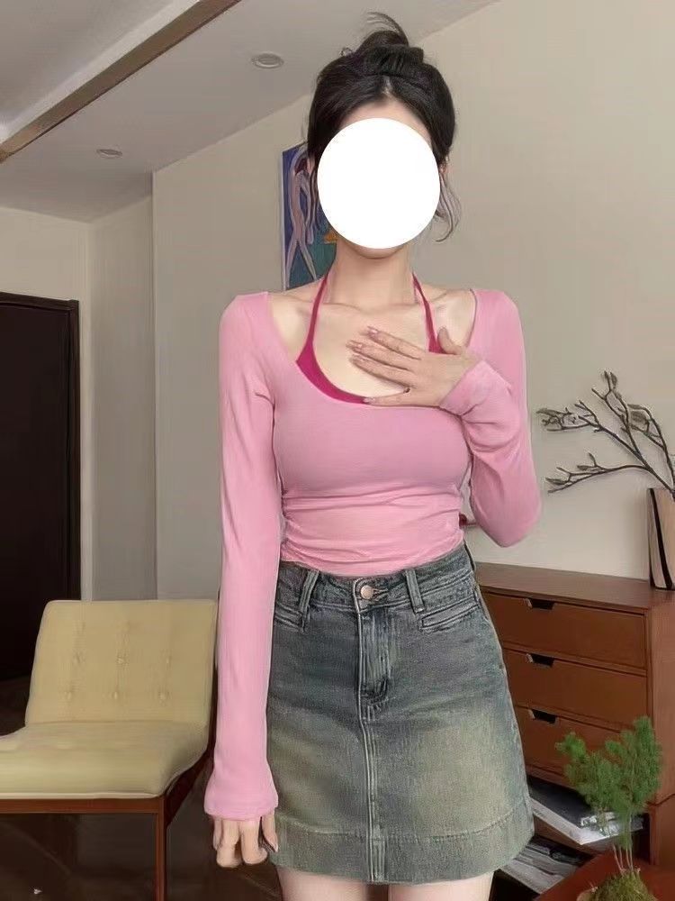 美拉德純欲風假兩件掛脖吊帶長袖T恤女裝秋季修身短款掛脖式上衣