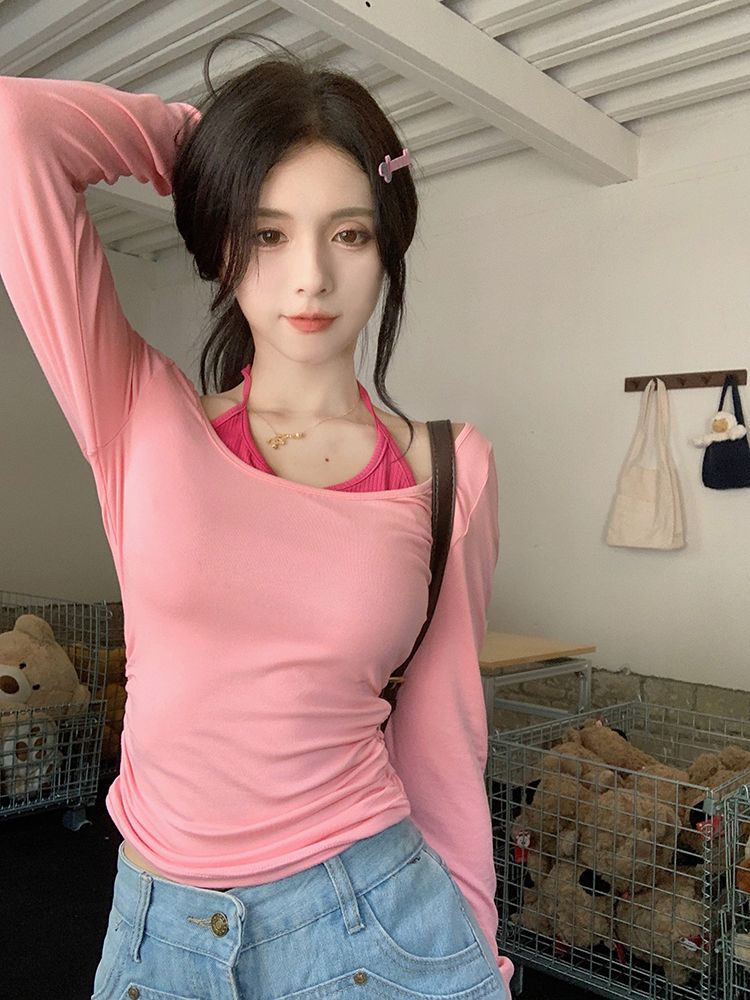 大碼女裝胖mm純欲風假兩件掛脖打底內搭薄款T恤秋季2023新款上衣