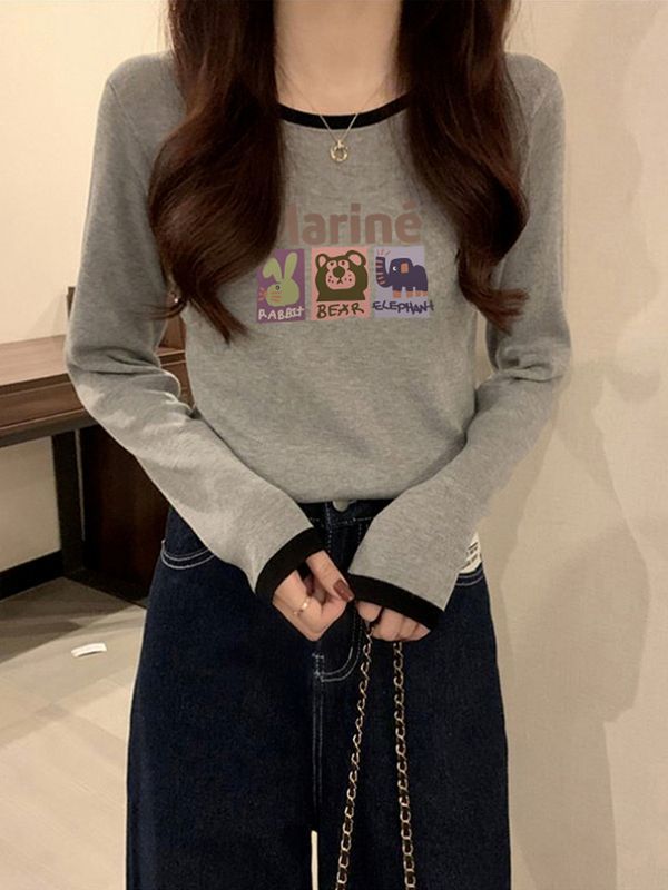 可愛撞色圓領長袖T恤女2023秋冬新款洋氣減齡氣質內搭上衣打底衫