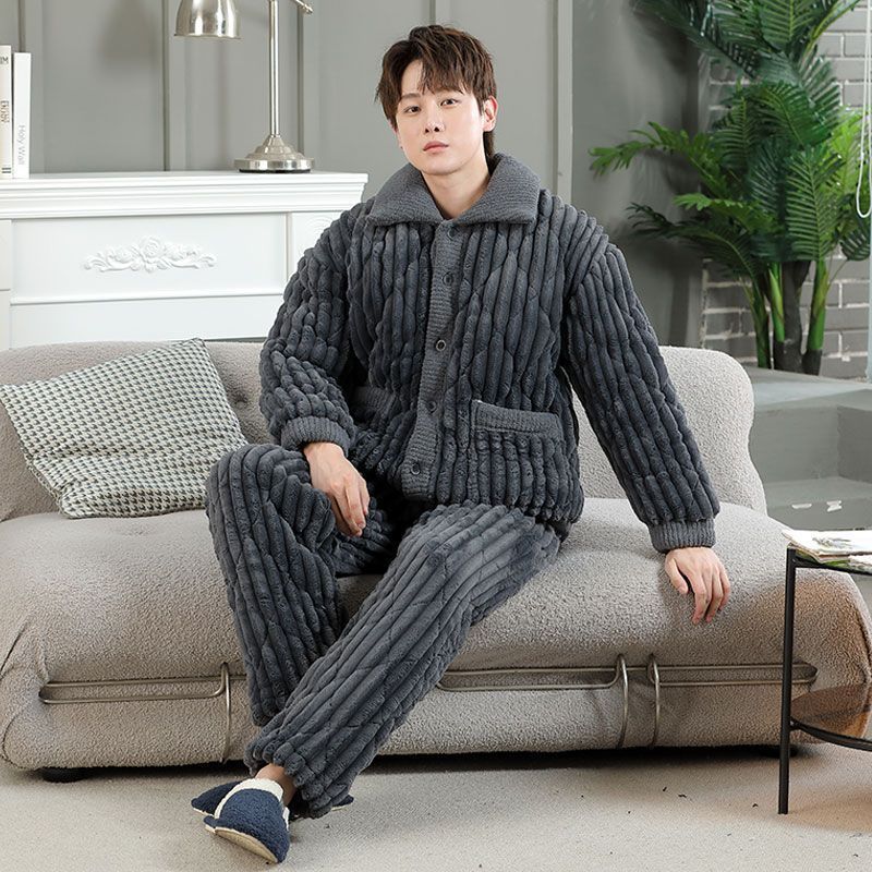 睡衣男士冬季新款三層夾棉珊瑚絨加厚款純色法蘭絨保暖家居服套裝