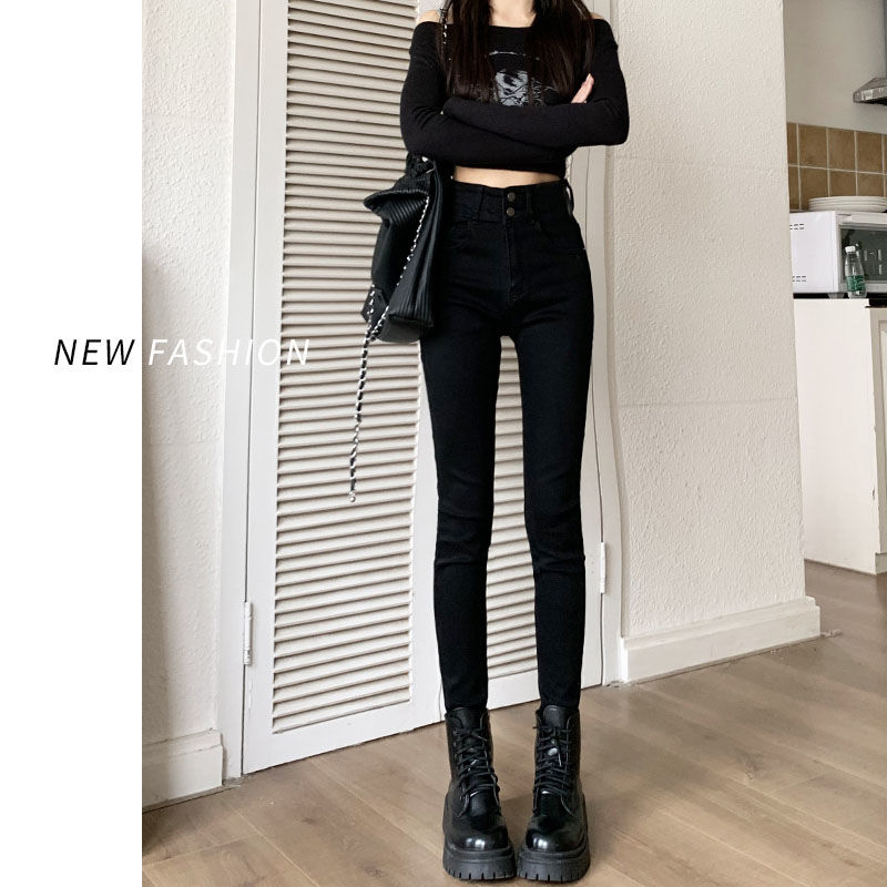 設計感鉛筆褲百搭高腰牛仔褲女秋冬加絨2023新款緊身小腳褲顯瘦