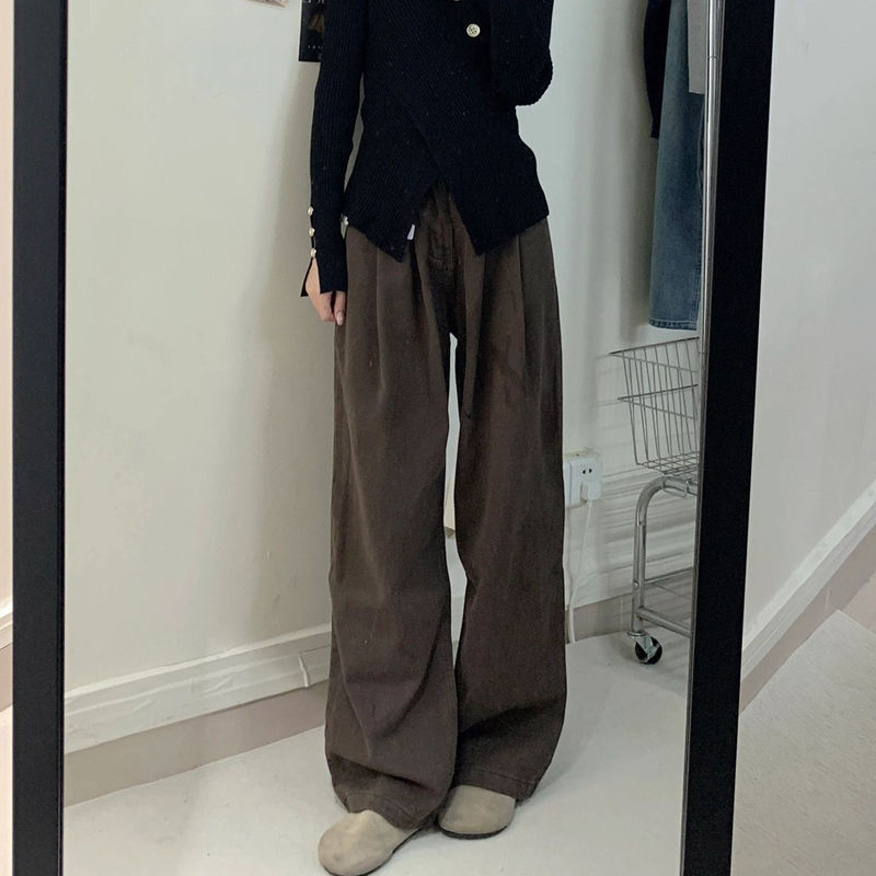 美拉德咖啡色高腰闊腿牛仔褲子女秋冬新款高個子顯瘦直筒拖地褲子