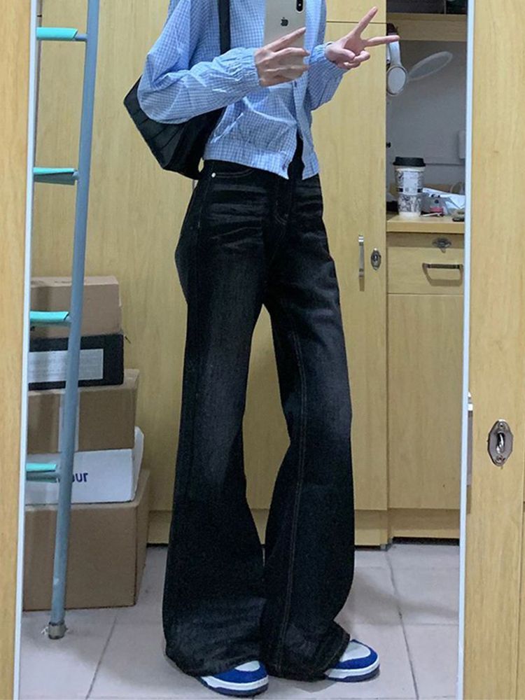 美式復古微喇叭牛仔褲女秋季新款高腰闊腿顯瘦百搭直筒拖地褲子潮