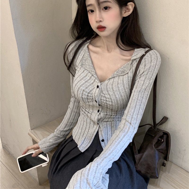 溫柔減齡翻領針織衫女秋設計感美式修身褶皺粉色上衣氣質長袖開衫