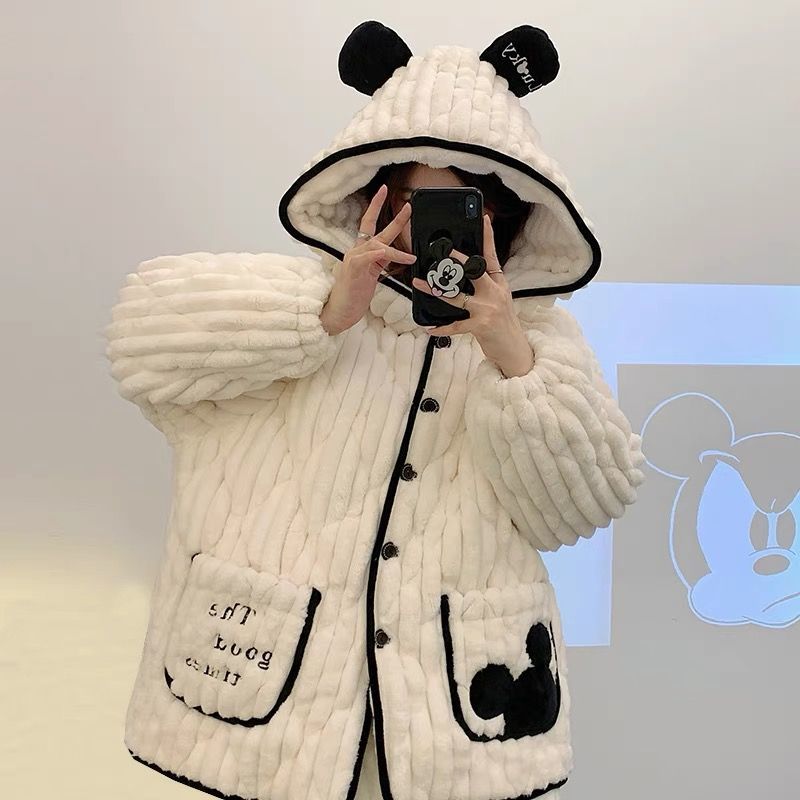 珊瑚絨睡衣女冬季三層夾棉加厚保暖連帽可外穿大碼女士套裝家居服