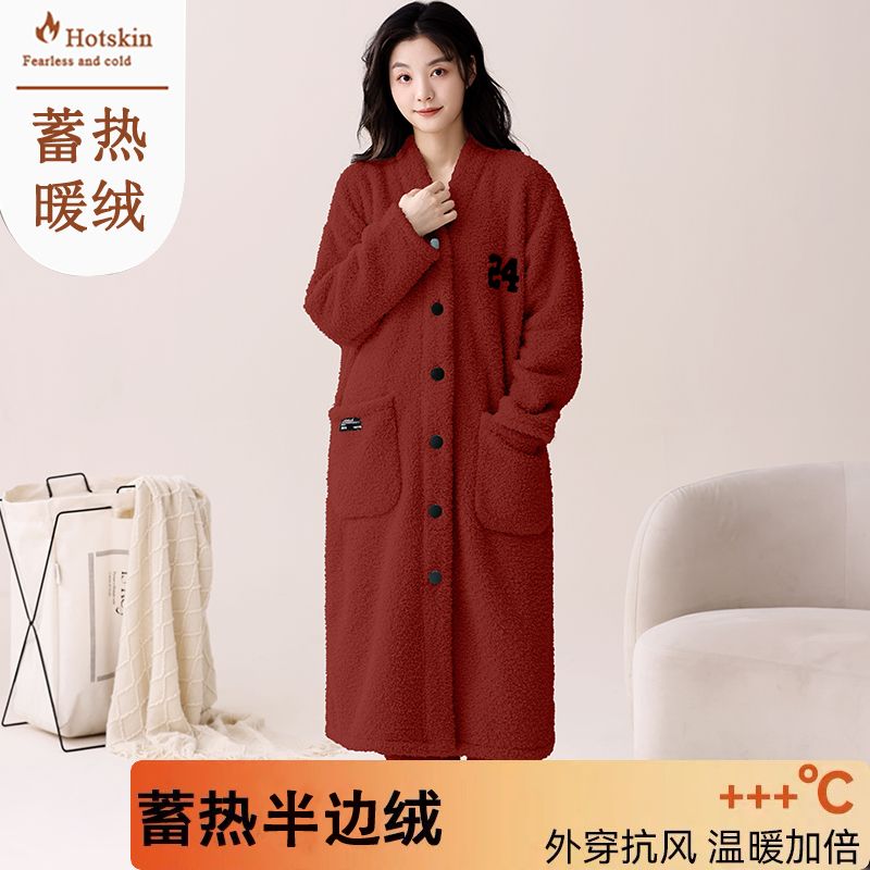 秋冬季睡袍女士半邊絨保暖珊瑚絨睡衣套裝冬天法蘭絨家居服可外穿