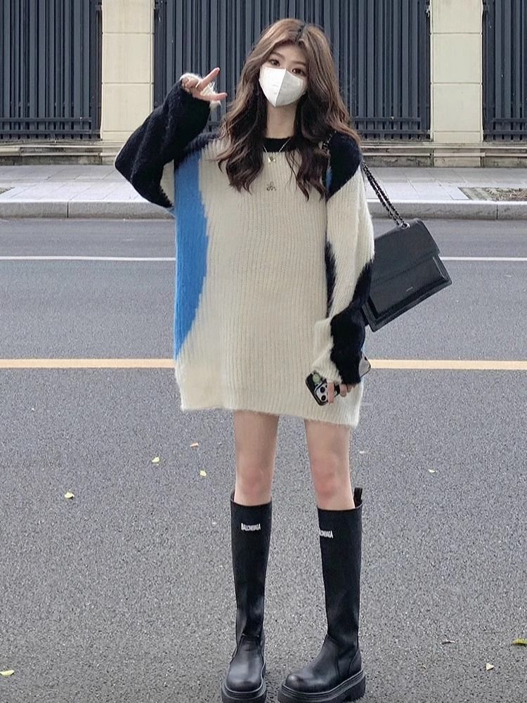 小香風撞色拼接圓領長袖毛衣女2023秋冬新款韓版氣質軟糯針織上衣