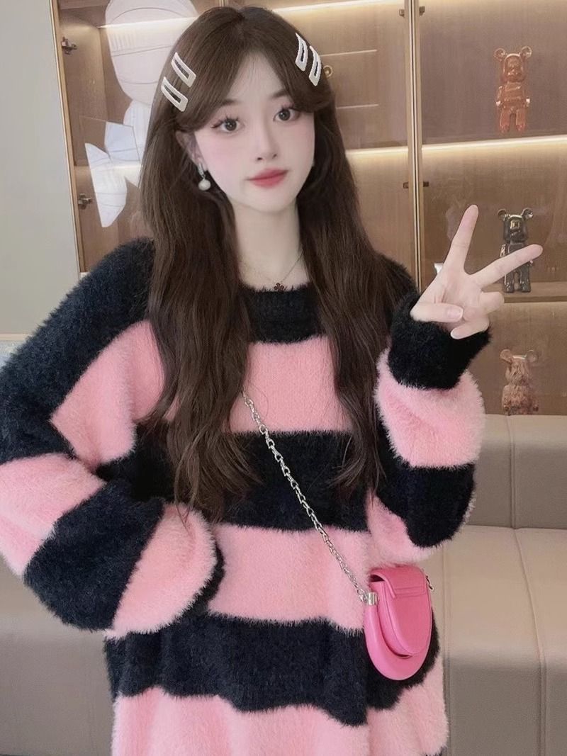 條紋設計感仿貂絨毛衣女秋冬ins韓系小眾慵懶風毛茸茸針織衫上衣