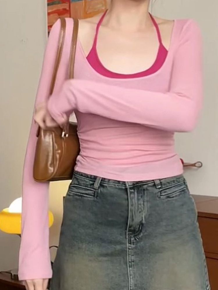 早秋修身顯瘦假兩件純欲長袖上衣氣質設計感小眾撞色拼接薄款上衣